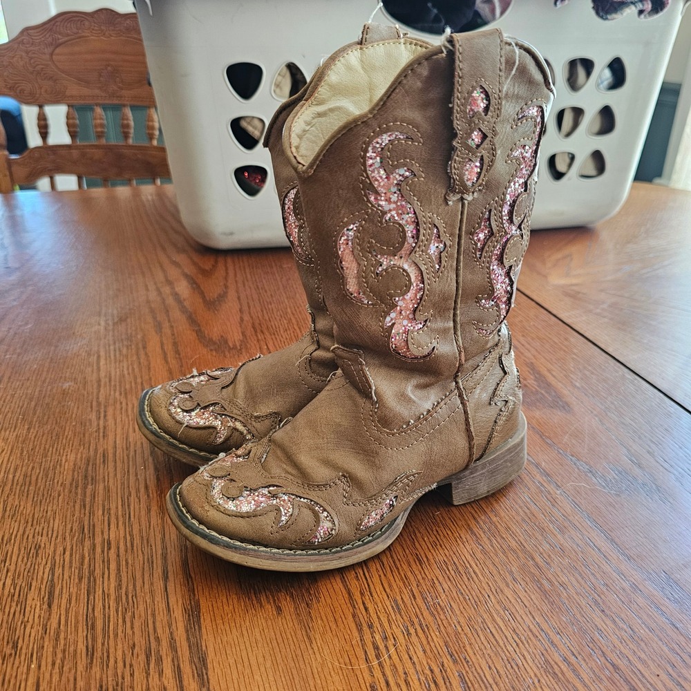 Roper Little Kids girls Brown Pink Glitter Western Cowboy Boots Size 12